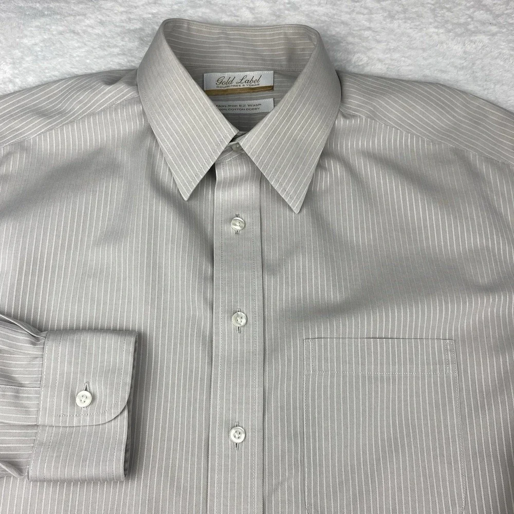 Roundtree & Yorke Gold Label Dress Shirt Mens 16-33 Beige Stripes Non Iron Dobby - Picture 1 of 7